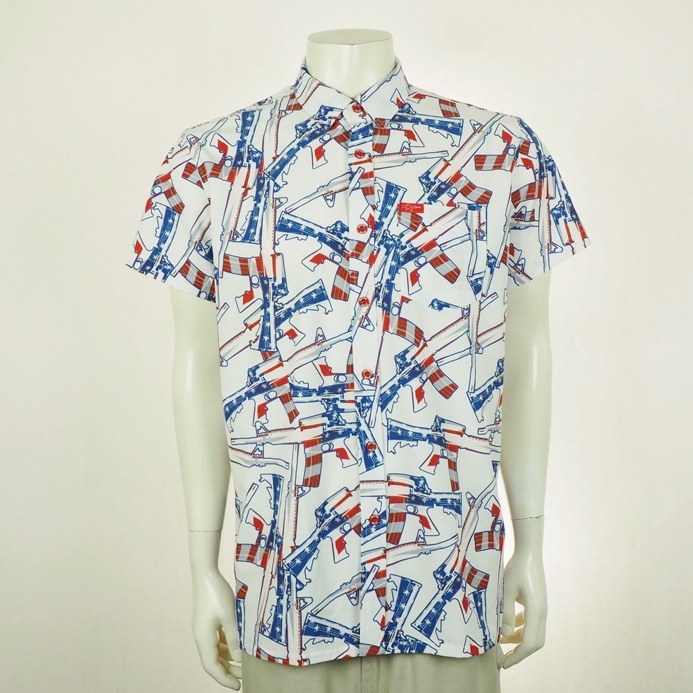 New Retro Rifle The 4th USA Button Down Shirt Mens Large White Novelty Patriotic